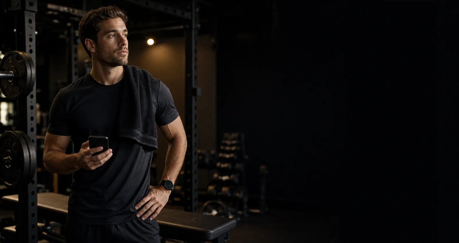 Man athlete holding an iPhone after training beside a squat rack