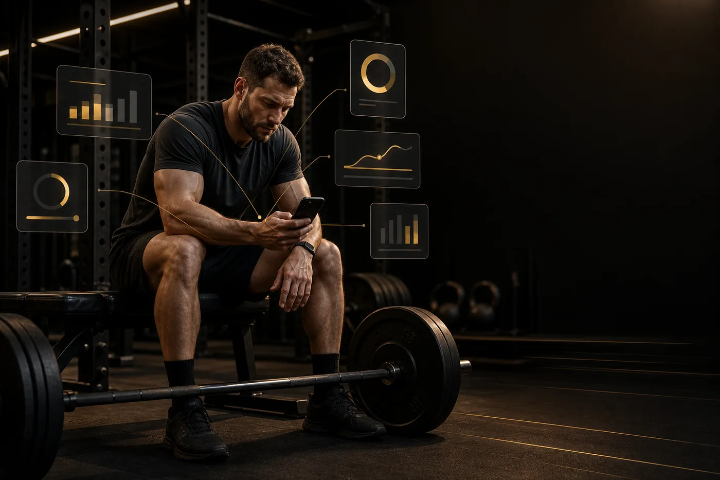 Man athlete seated beside a barbell reviewing an iPhone in a dark strength gym