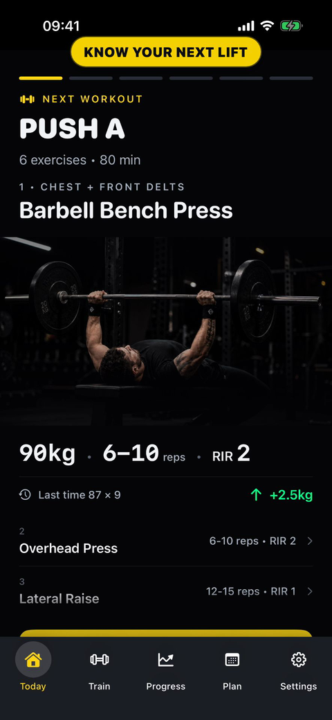 Jacked showing a planned Push A workout with target load, rep range, RIR, and previous result