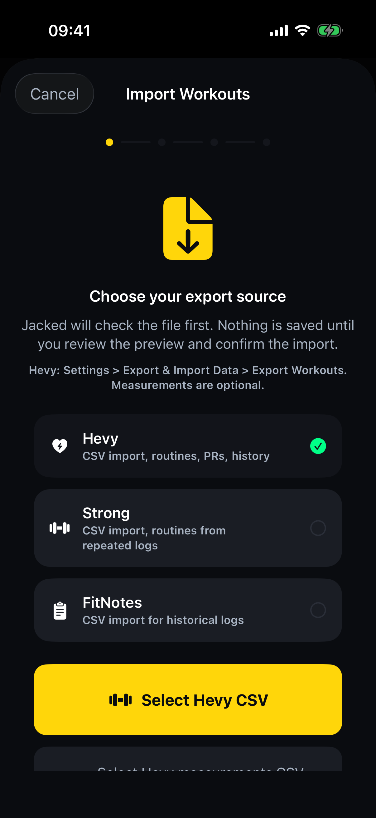 Jacked import screen showing Hevy, Strong, and FitNotes workout CSV sources